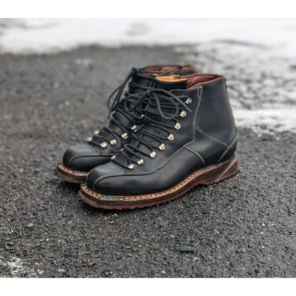 Gorpcore‎ Vintage Swiss RAICHLE Black Leather Telemark Hiking Boots 9.5 Outdoors